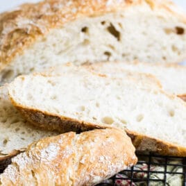 No knead bread on a cooling rack.