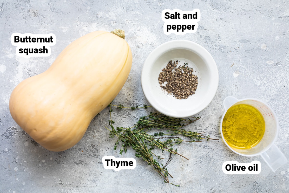 Labeled roasted butternut squash ingredients.