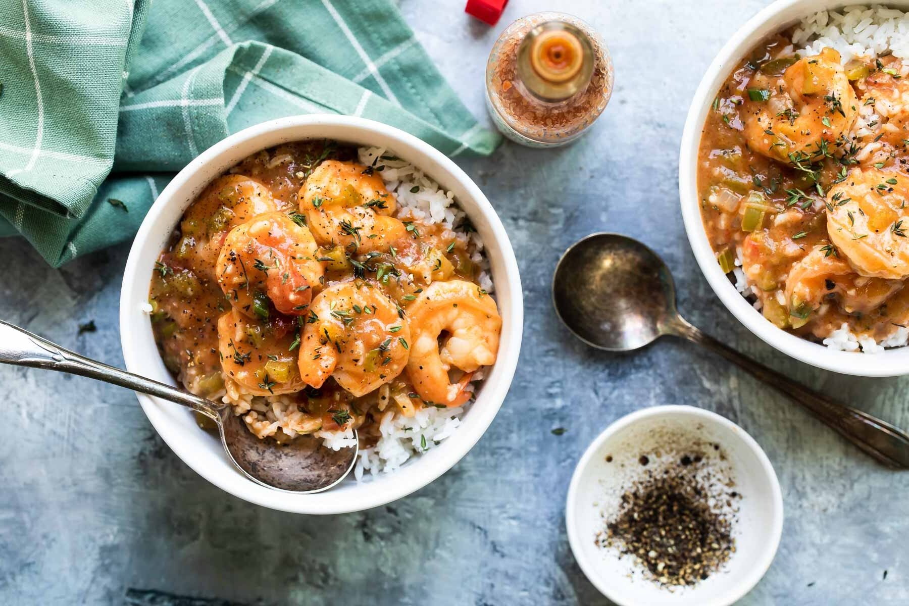 Shrimp etouffee in a white bowl.