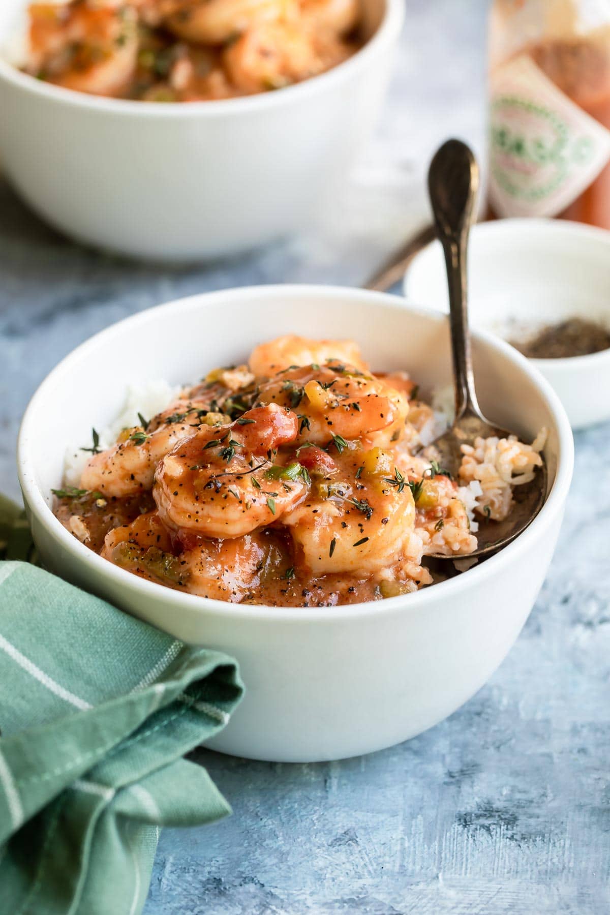 Shrimp etouffee in a white bowl.