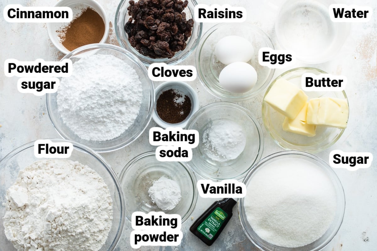 Labeled ingredients for spice cake.