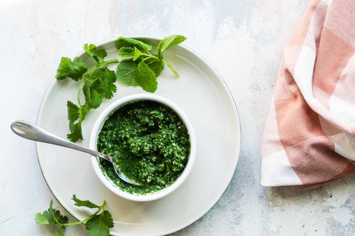 Cilantro Mint Sauce in a white bowl.