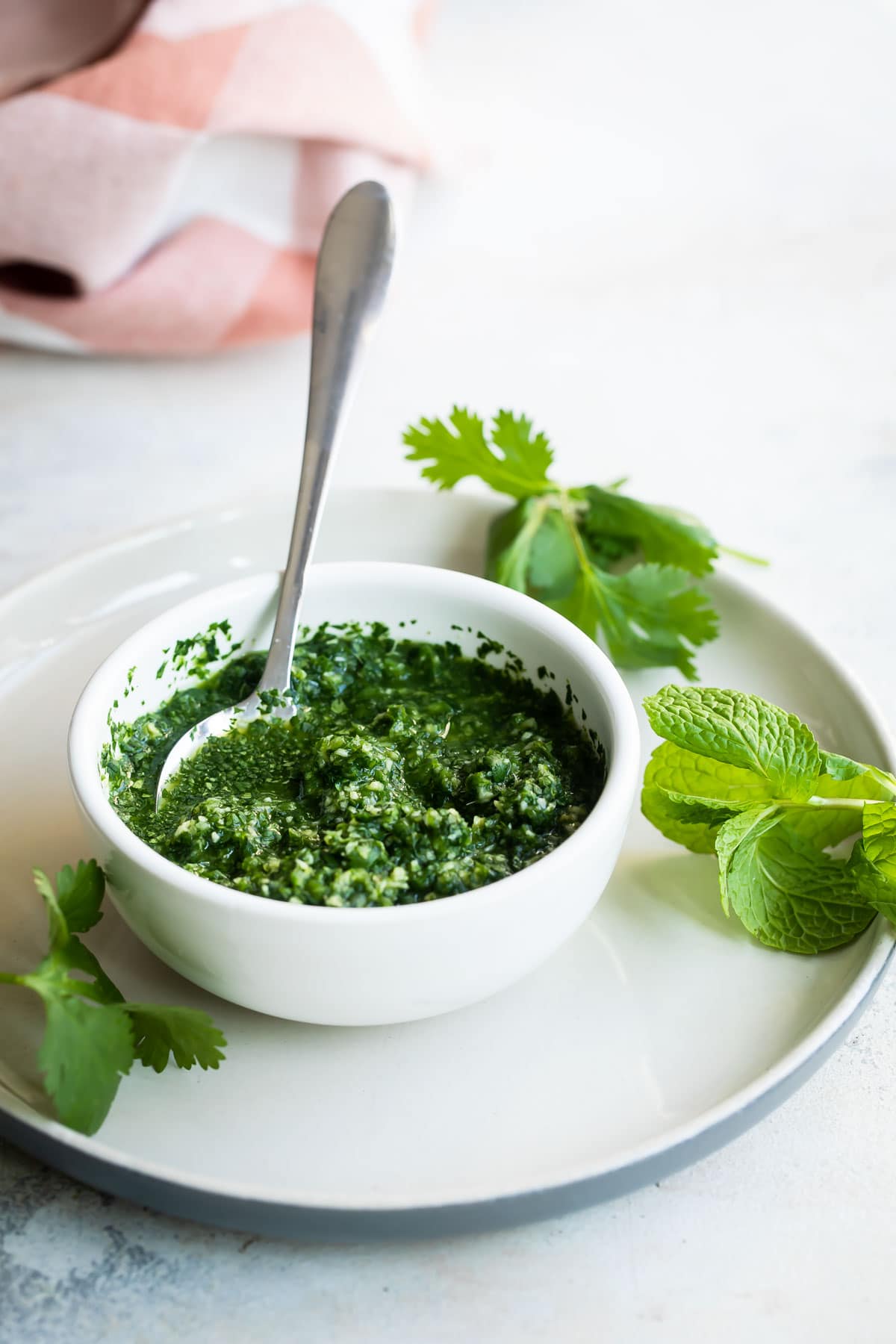 Cilantro Mint Sauce in a white bowl.
