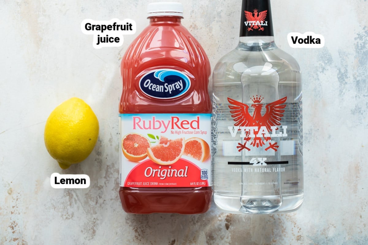 Labeled ingredients for a greyhound cocktail.