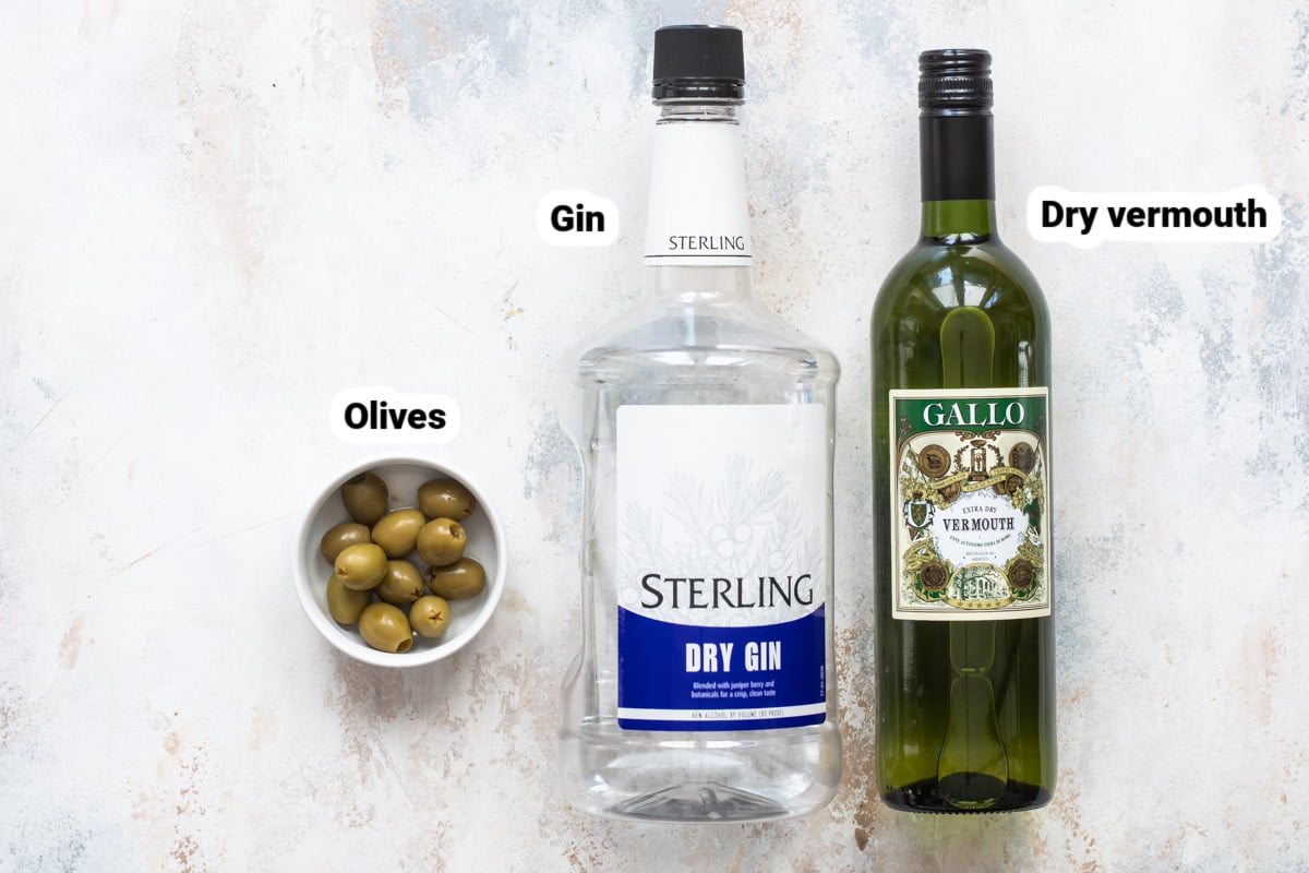 Labeled ingredients for a martini.