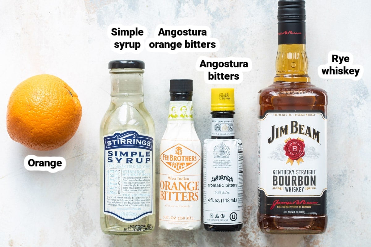 Labeled ingredients for an old fashioned.