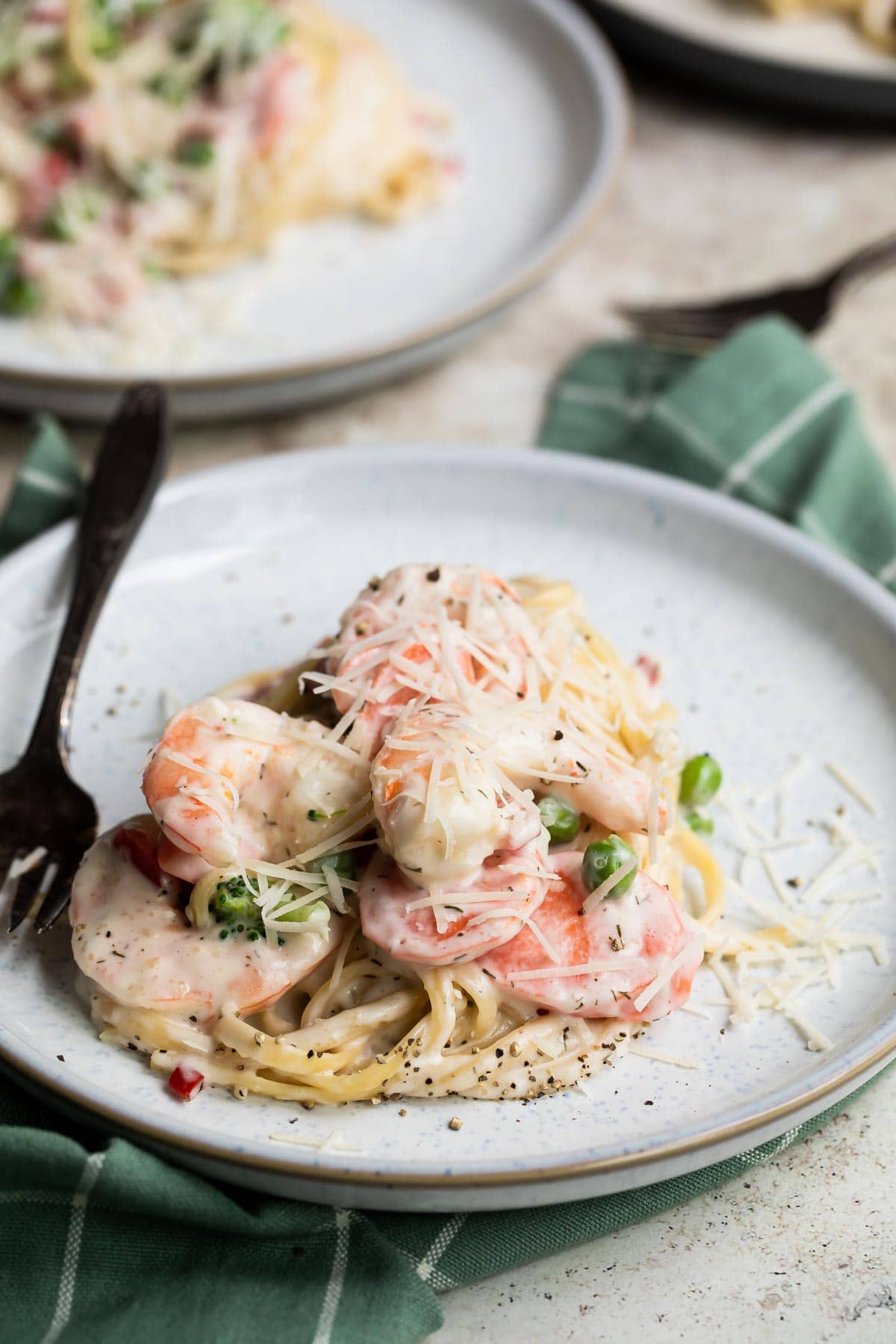 A plate of Shrimp Pasta Primavera.