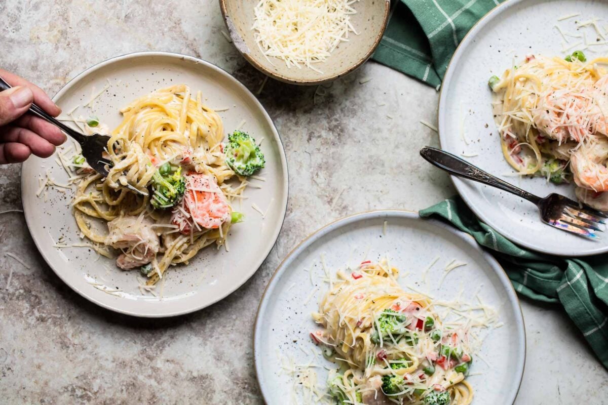 2 plates of Shrimp Pasta Primavera.