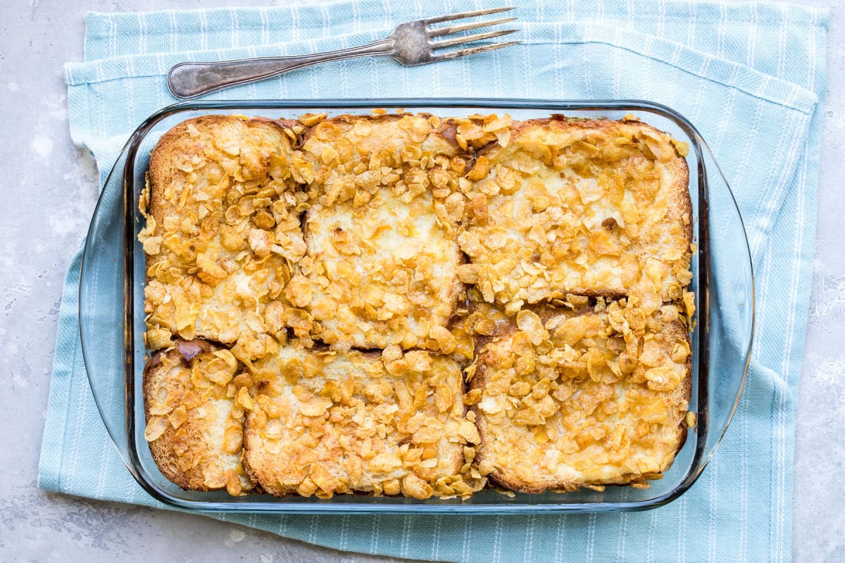 Overnight breakfast casserole in a glass baking dish.