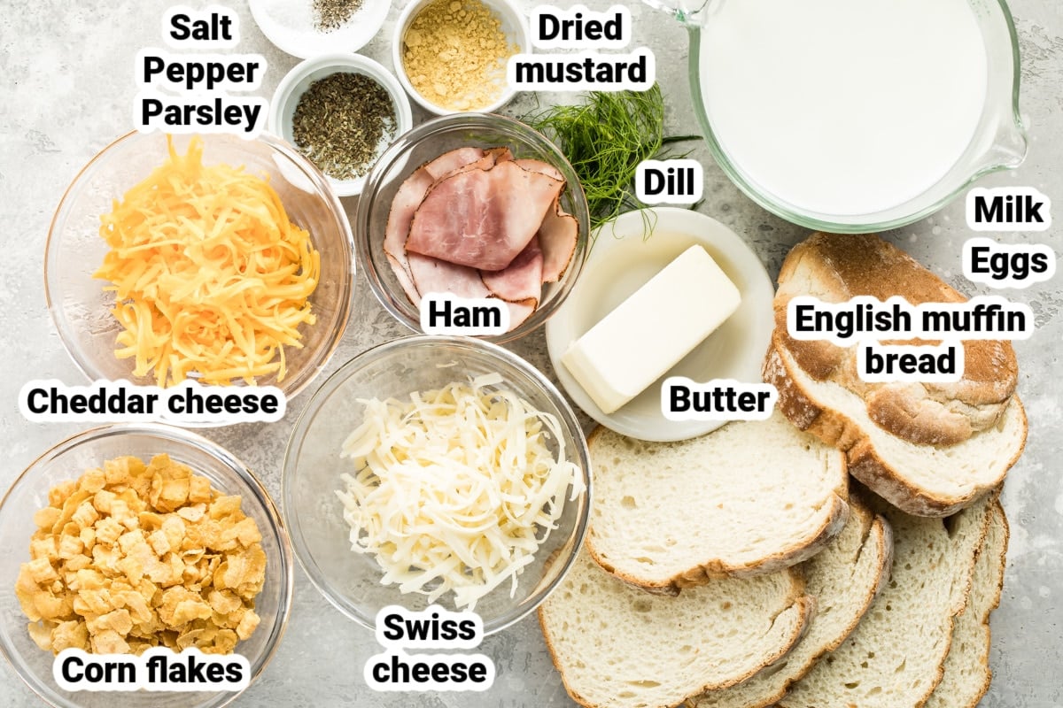 Labeled ingredients for overnight breakfast casserole.