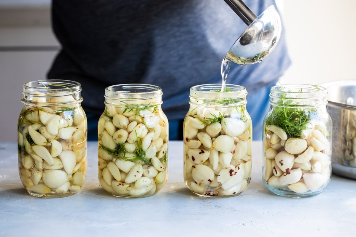 Jars of pickled garlic.