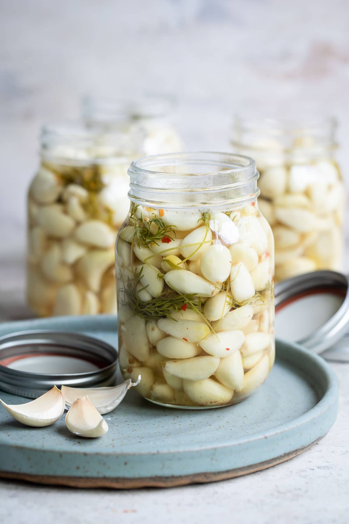 Jars of pickled garlic.