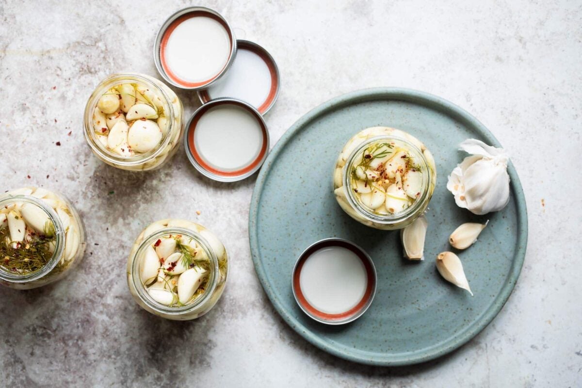 Jars of pickled garlic.