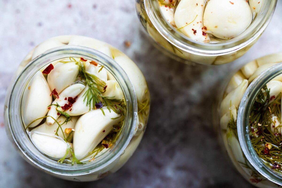Jars of pickled garlic.