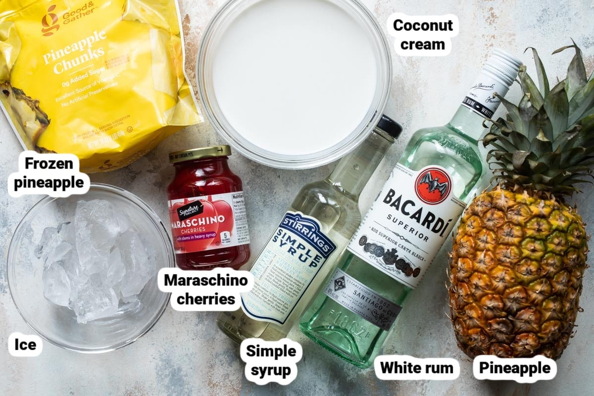 Labeled ingredients for Piña Coladas.