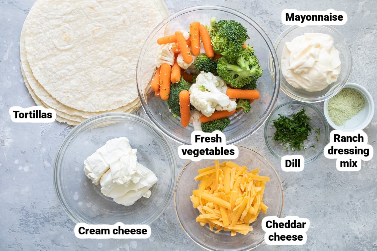 Labeled ingredients for vegetable tortilla roll ups.