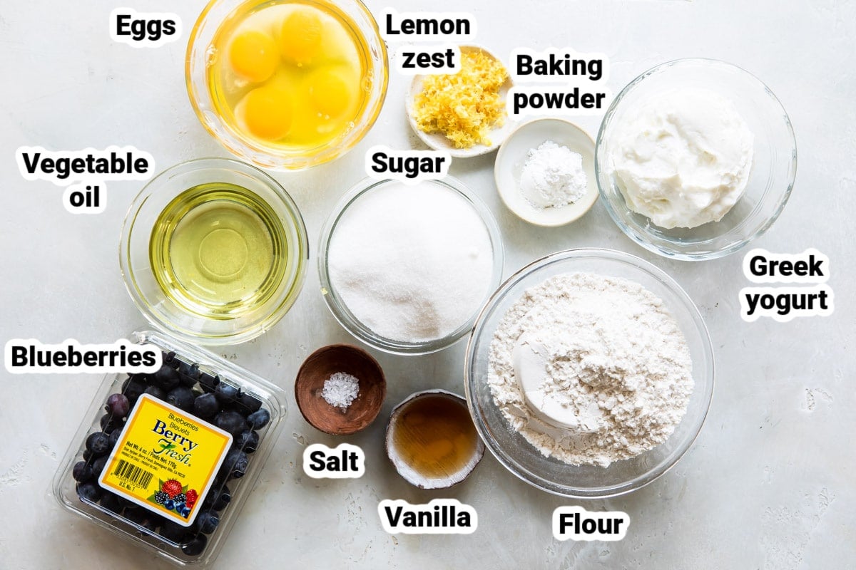 Labeled ingredients for blueberry lemon yogurt cake.