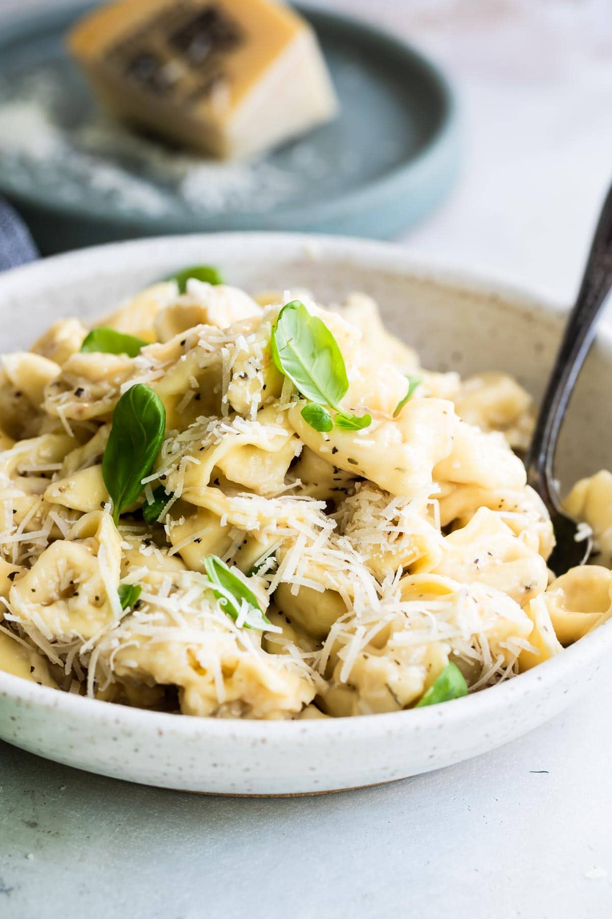 A bowl of cheese tortellini in garlic butter.