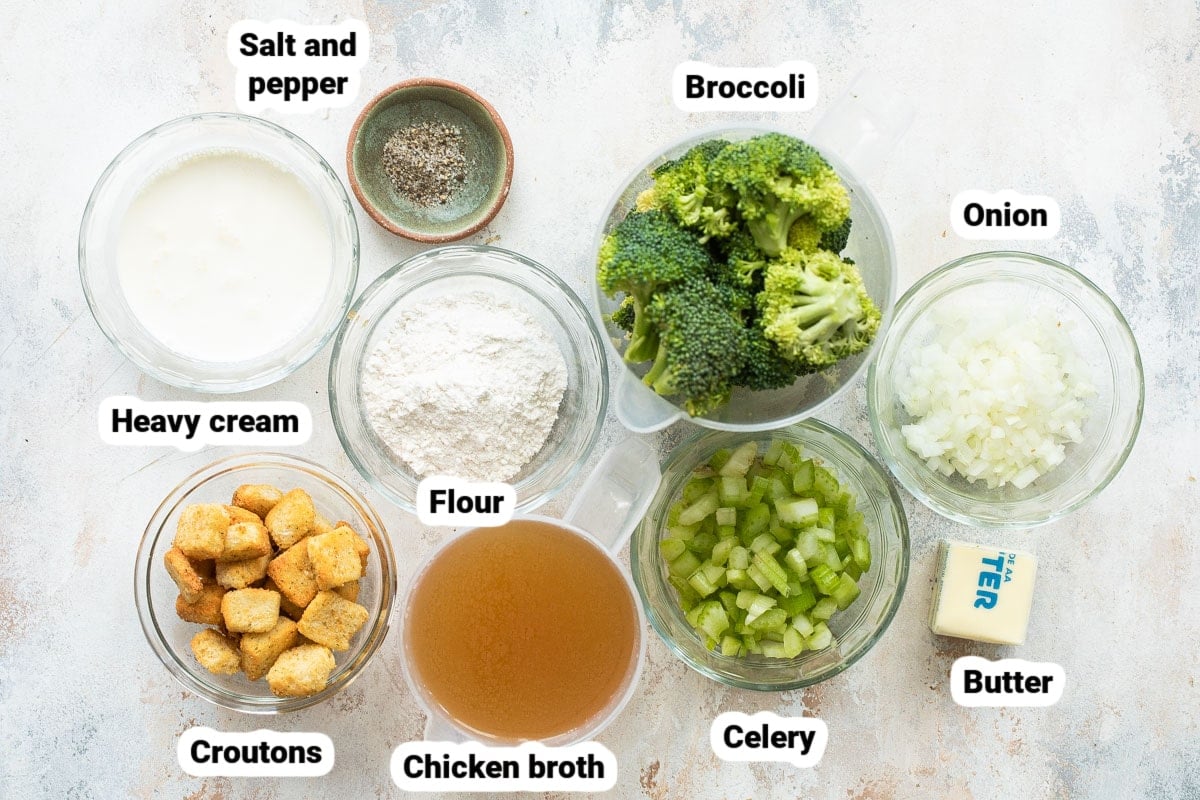Labeled ingredients for cream of broccoli soup.