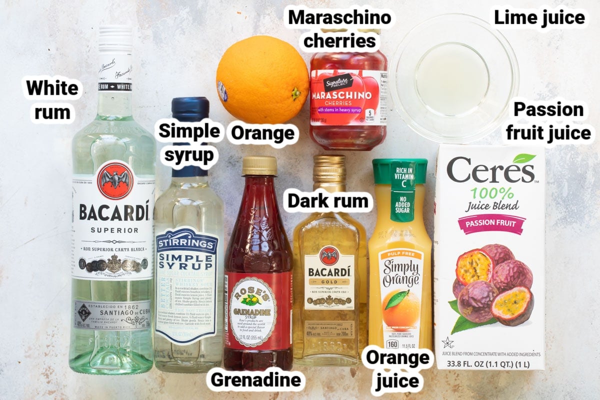 Labeled ingredients for a hurricane cocktail.