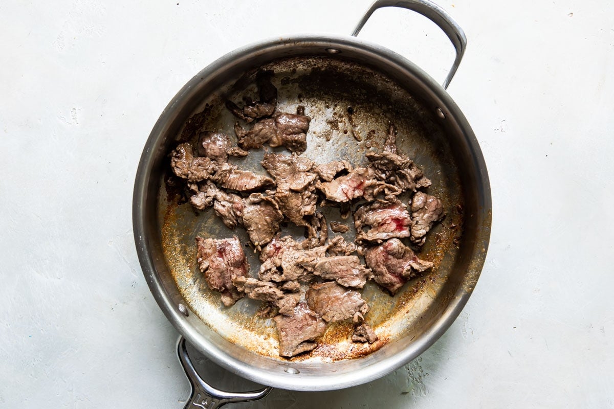 Steak cooking in a skillet.