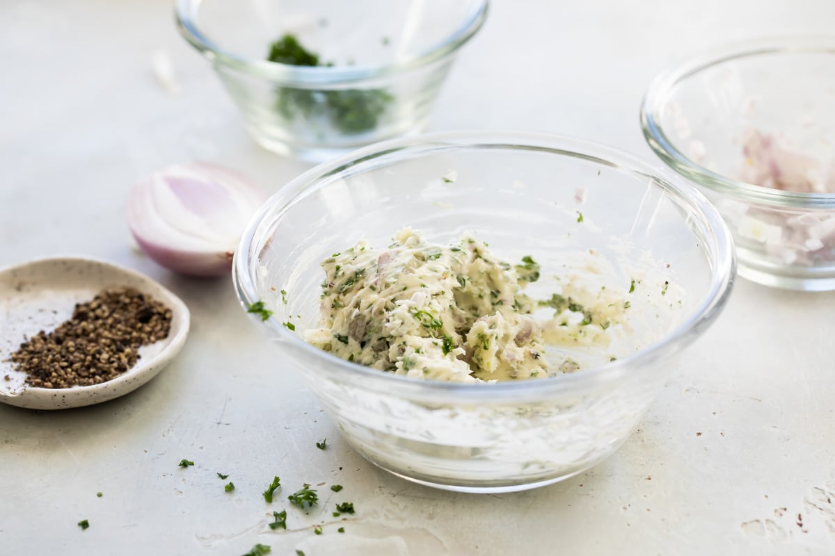 Parsley-shallot compound butter in a bowl.