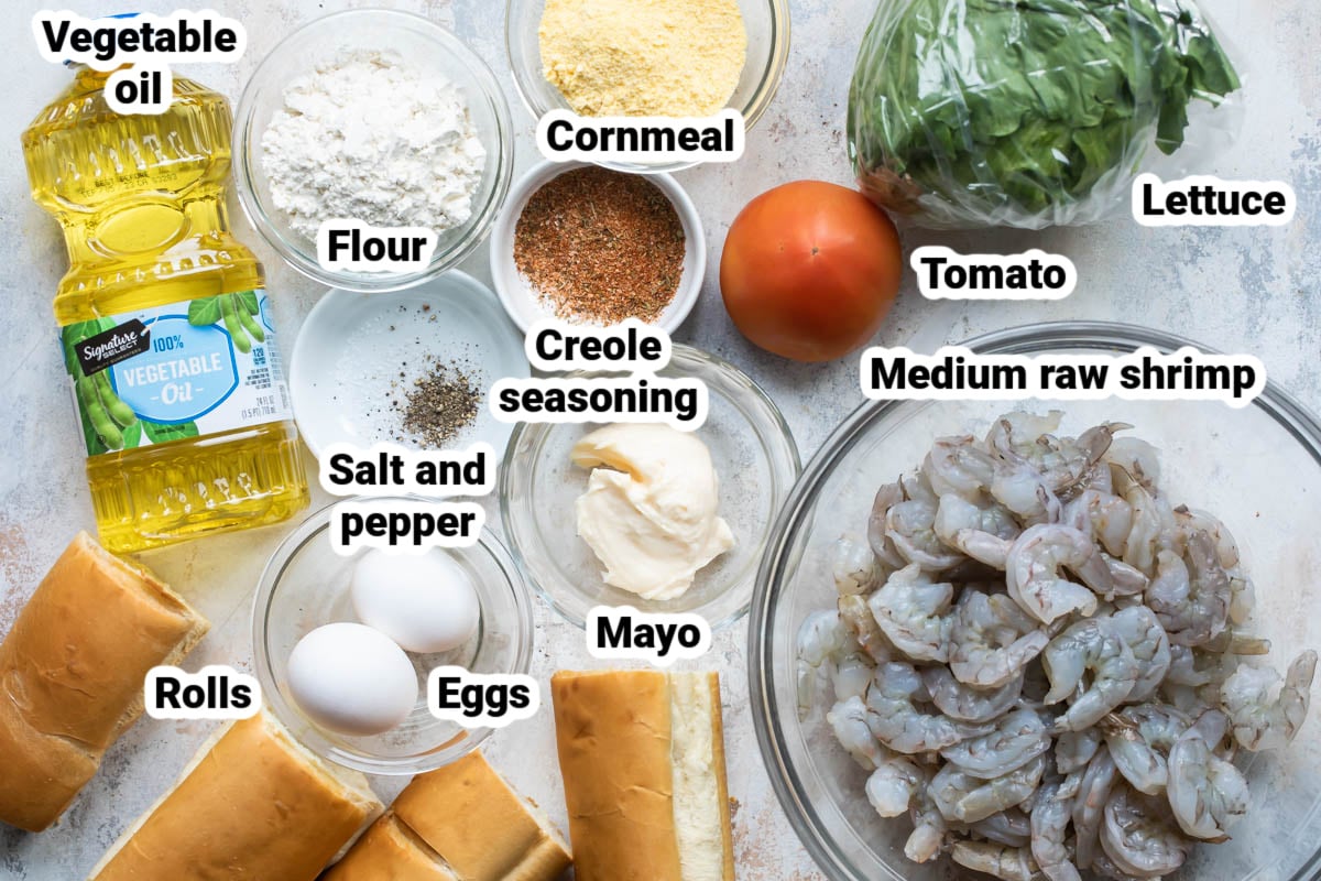 Labeled ingredients for shrimp po' boy.