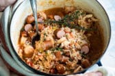 Wisconsin style jambalaya in a Dutch oven.