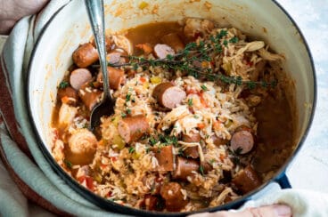 Wisconsin style jambalaya in a Dutch oven.