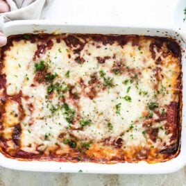 A baking dish of Zucchini Parmesan.
