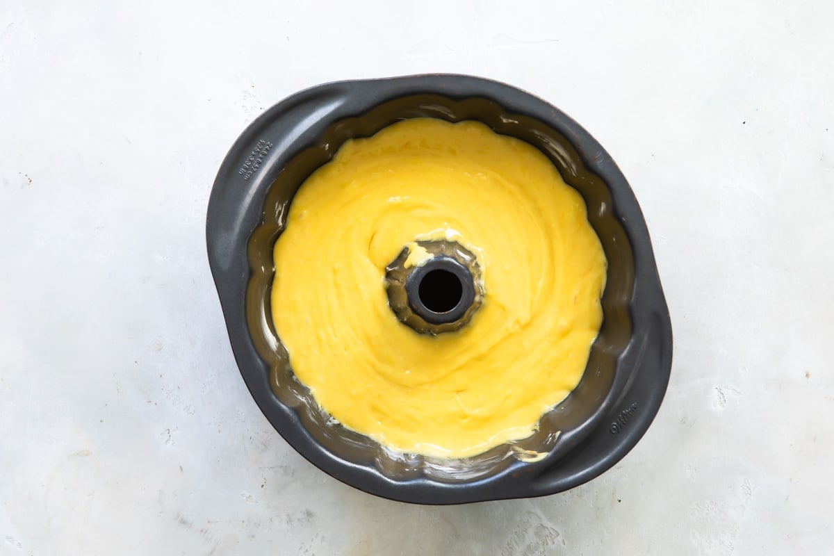 7 Up cake batter in bundt cake pan.