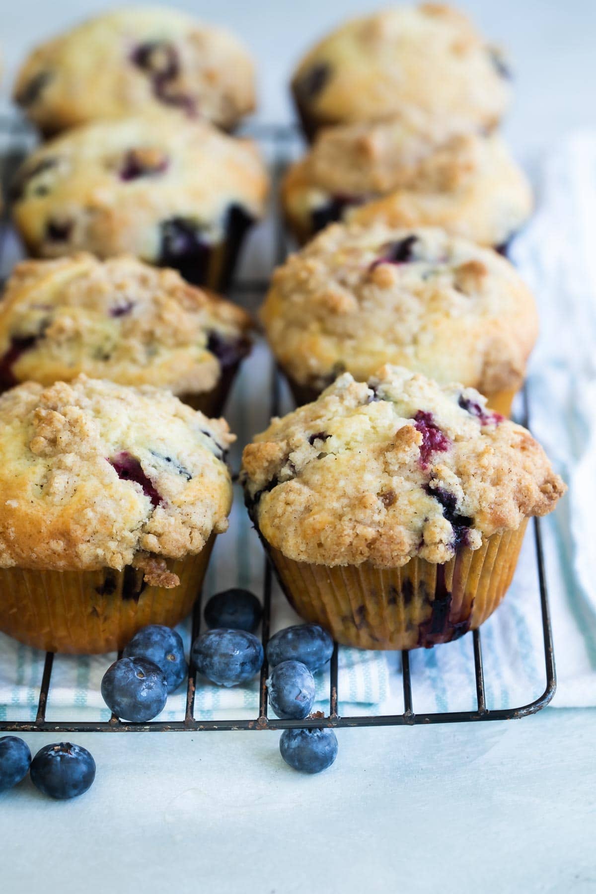 Blueberry muffins on a cooling rack.