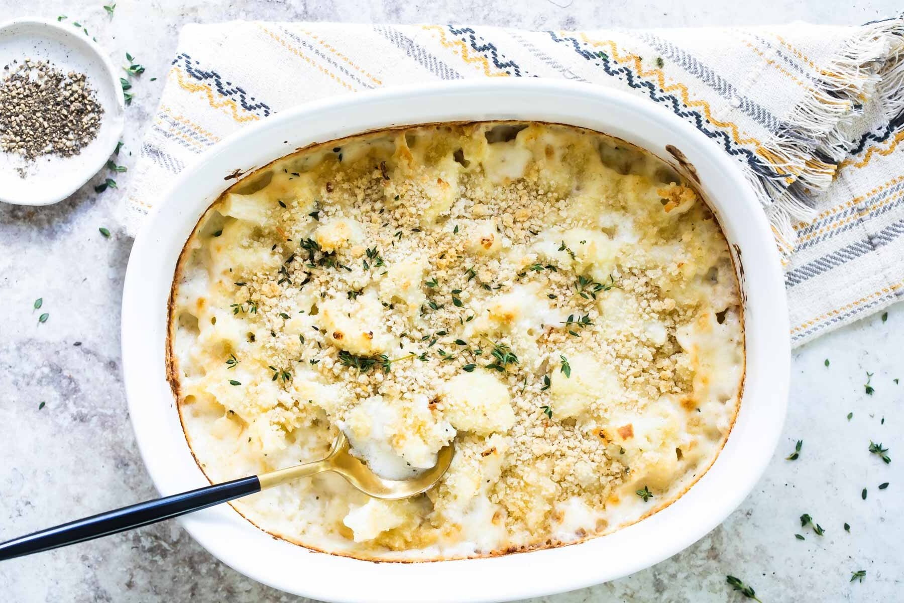 Cauliflower gratin in a casserole dish.
