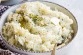 A bowl of Cauliflower mashed potatoes.