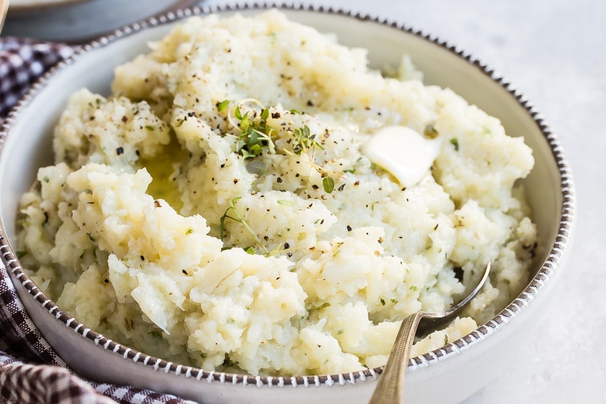 A bowl of Cauliflower mashed potatoes.