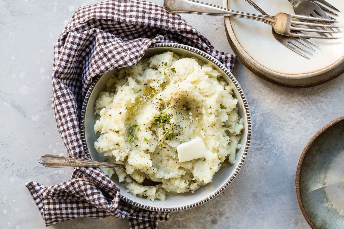 A bowl of Cauliflower mashed potatoes.