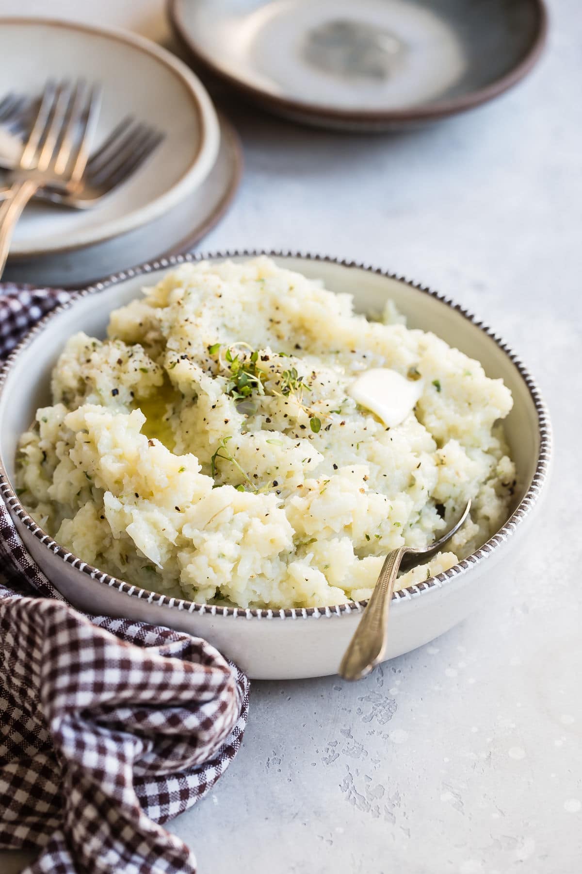 A bowl of Cauliflower mashed potatoes.
