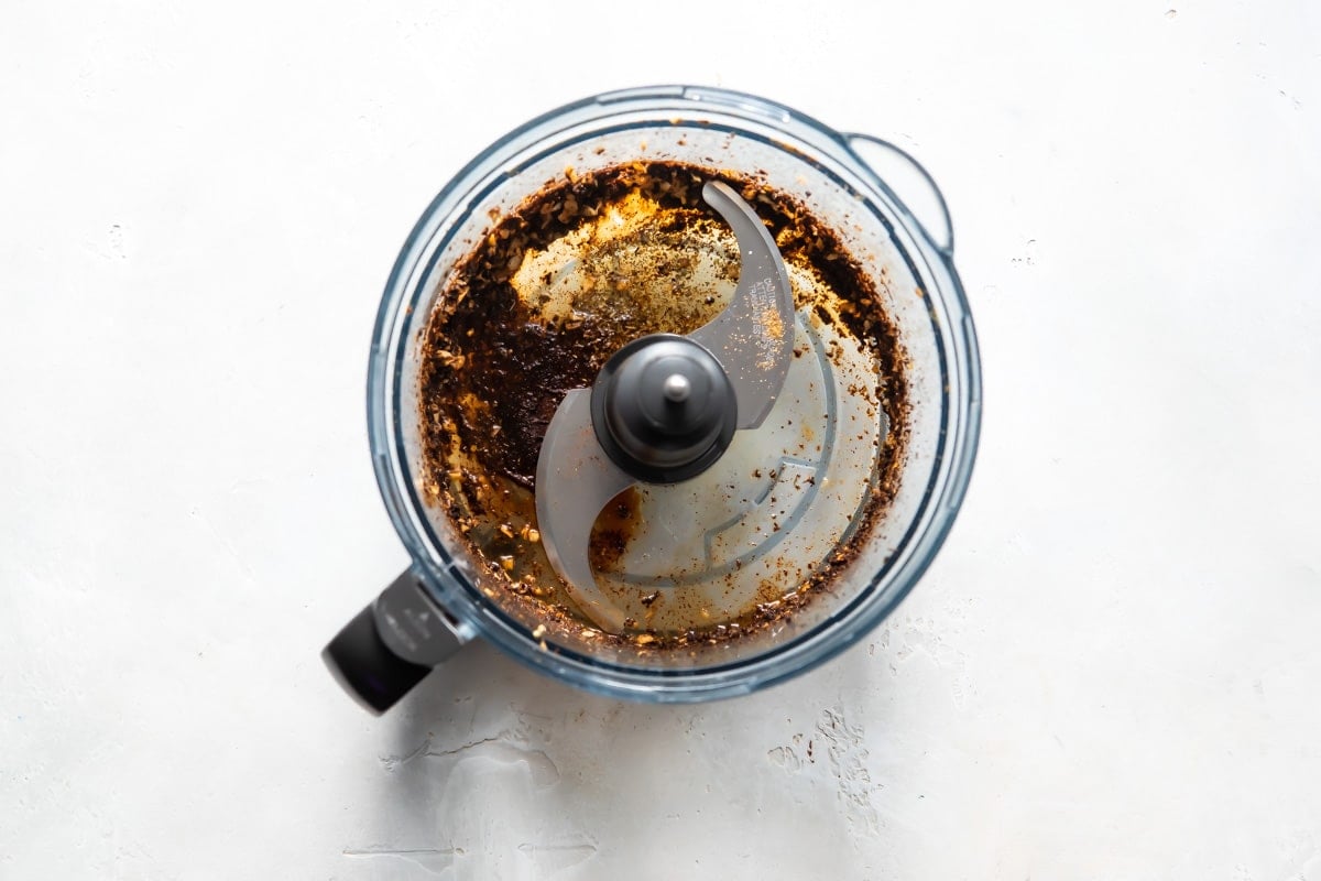A blender with the marinade inside for Chipotle barbacoa beef.