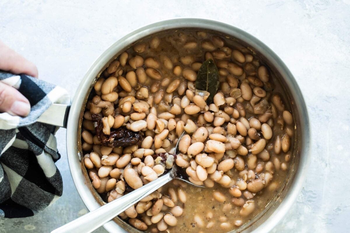 A large pot of Chipotle copycat pinto beans.