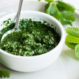 Cilantro Mint Sauce in a white bowl.