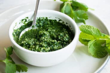 Cilantro Mint Sauce in a white bowl.
