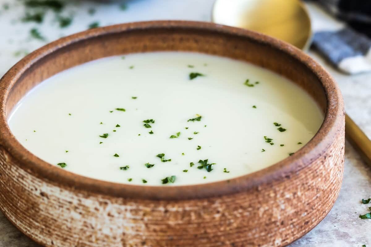 A bowl of Cream of Cauliflower Soup.