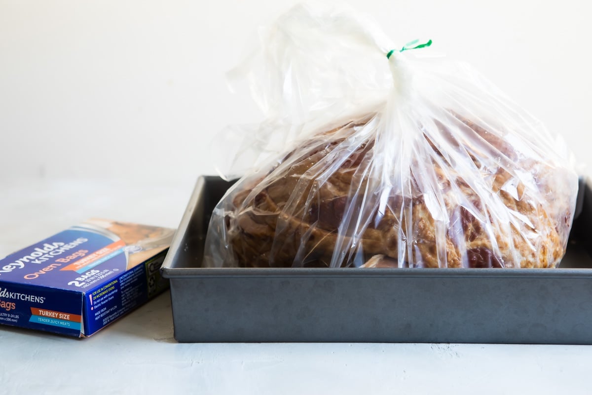 Dr. Pepper ham sealed in an oven bag.