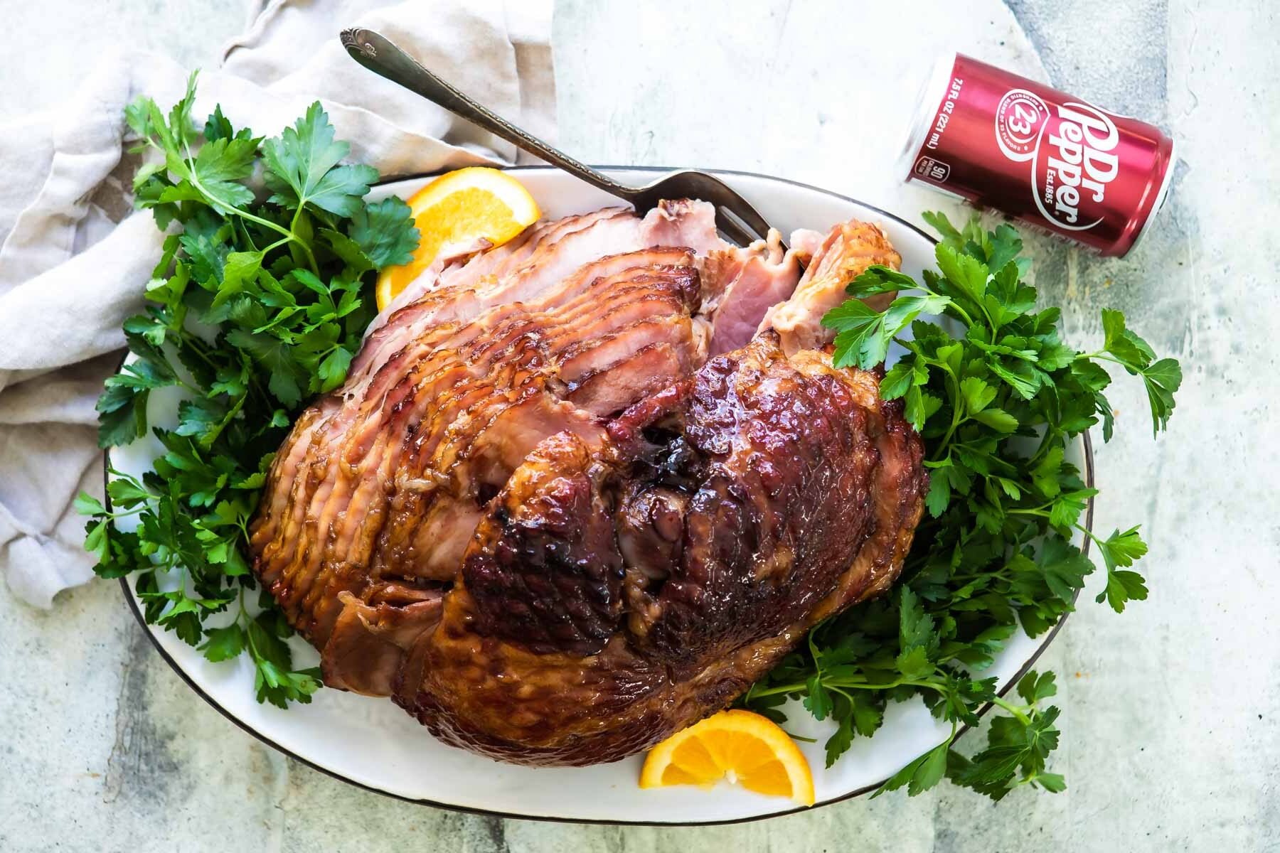 A Dr. Pepper ham on a serving platter.