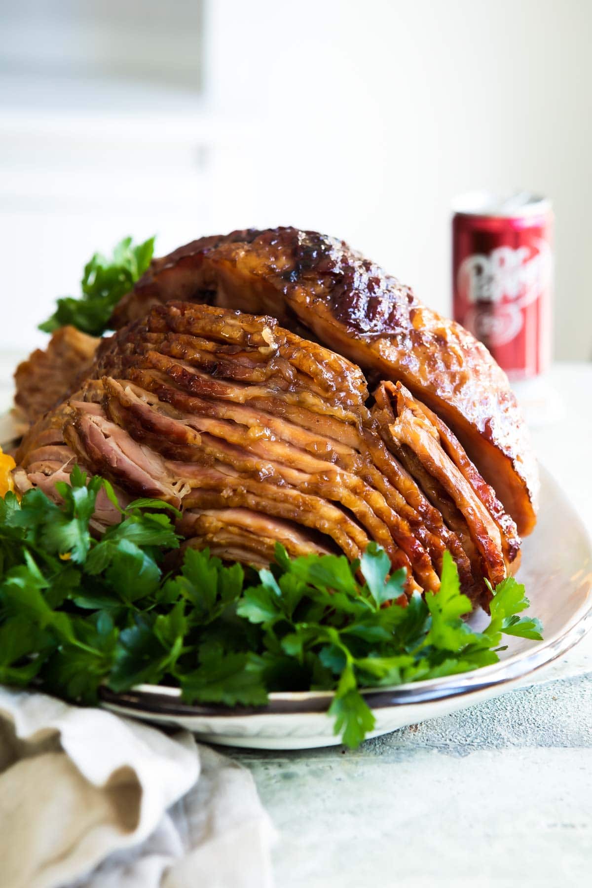 A Dr. Pepper ham on a serving platter.
