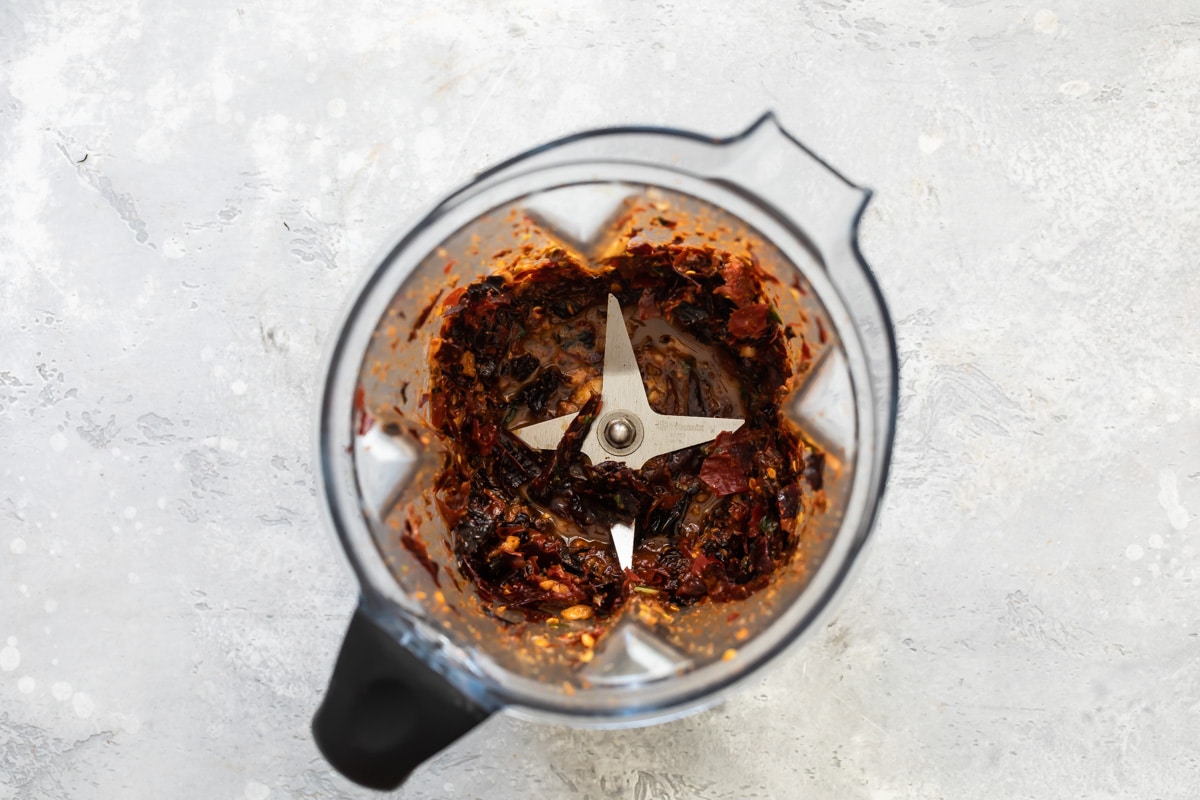 Harissa paste in a blender.