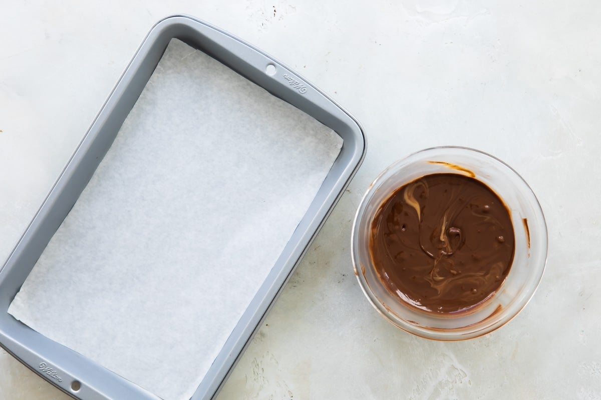 A baking pan next to a bowl of melted chocolate.