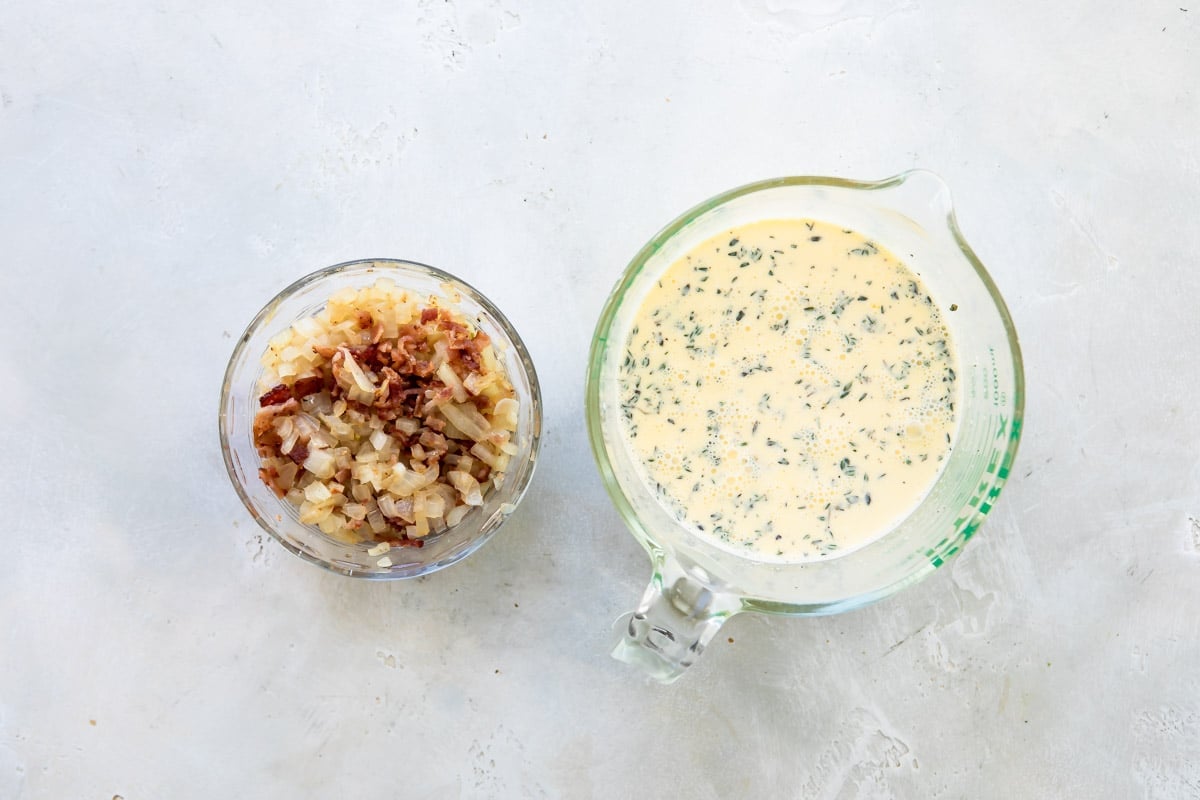 Quiche Lorraine ingredients in two separate bowls.