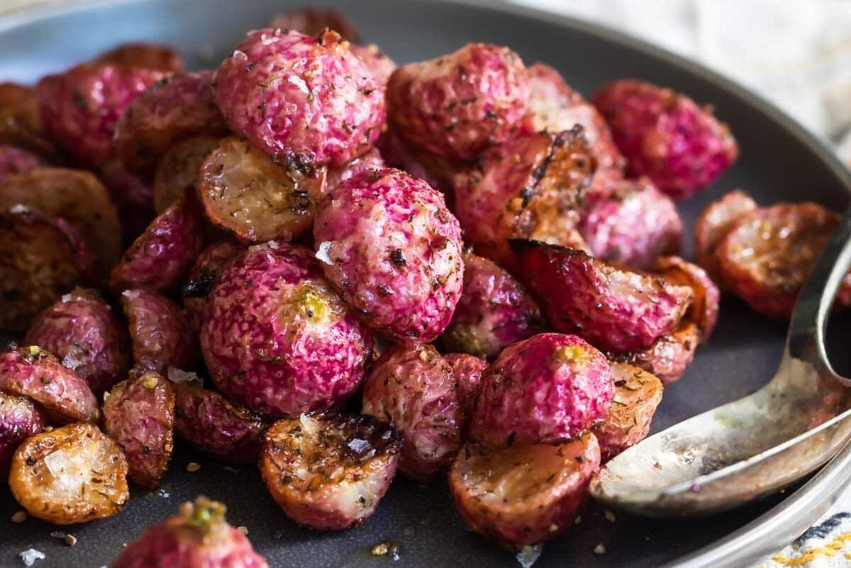 A plate of roasted radishes.