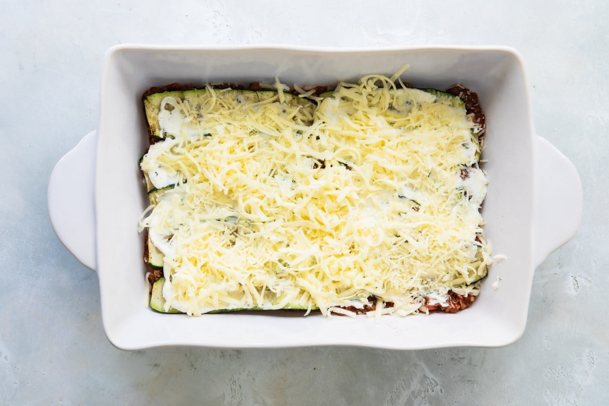 A baking dish of Zucchini Lasagna before fully assembled.